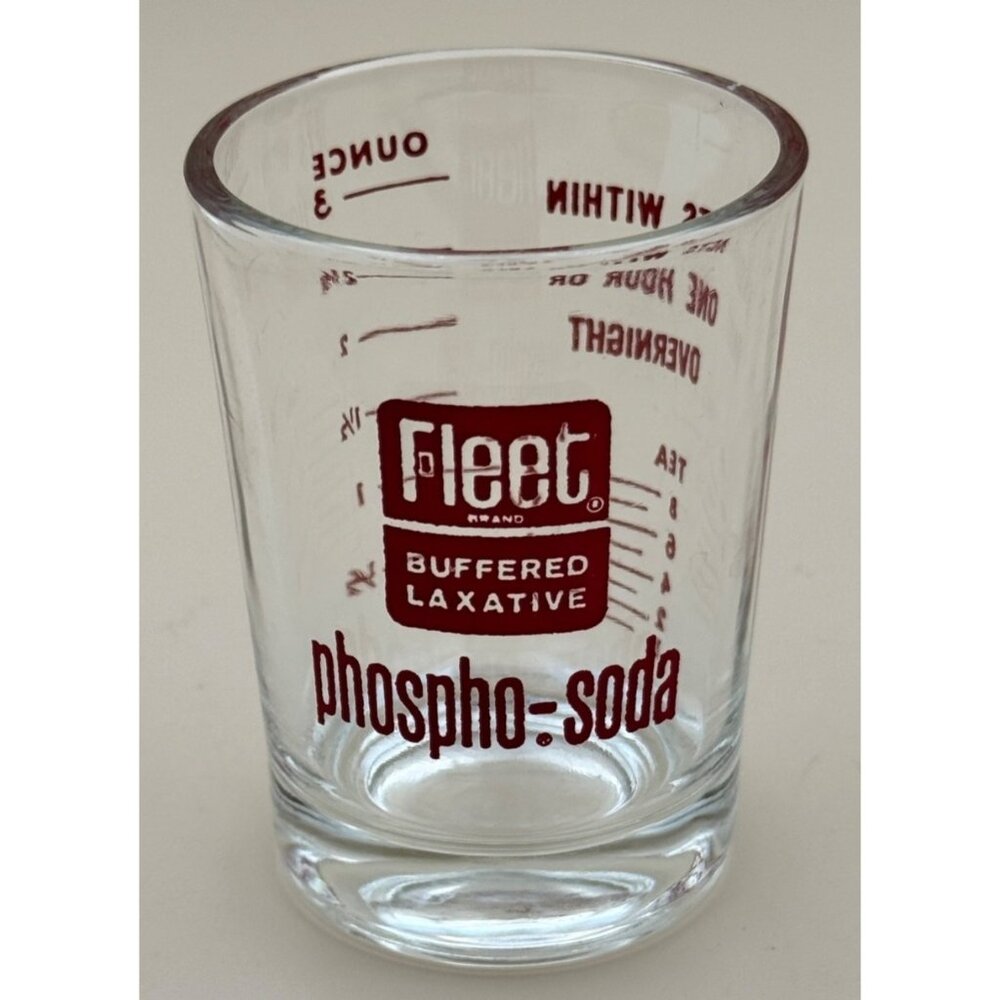 Fleet Phospho-Soda Printed Glass Measuring Cup Red Text 3 Oz Depression Era